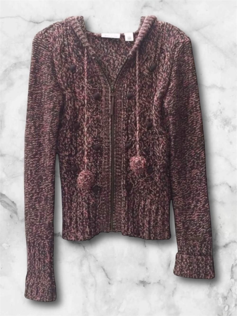 DKNY JEANS Knit Sweater/Hoodie Pink Brown Pom Poms Y2K Vintage Size S